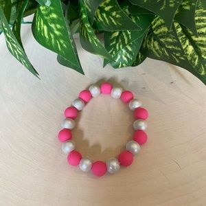 Pink & Silver Wood/Silicone Beaded Bracelet